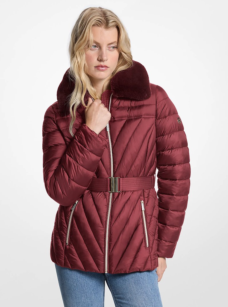Faux Fur Trim Packable Nylon Puffer Jacket in OXBLOOD | Michael Kors