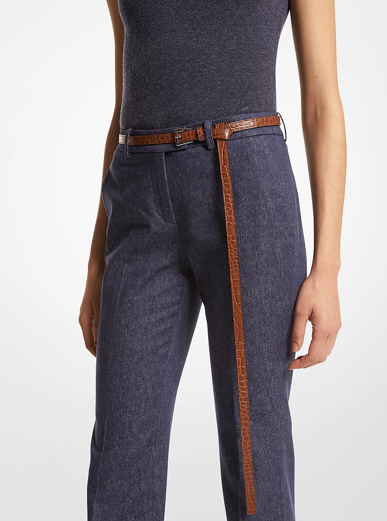 Joni Crocodile Embossed Leather Trouser Belt in CHESTNUT | Michael Kors