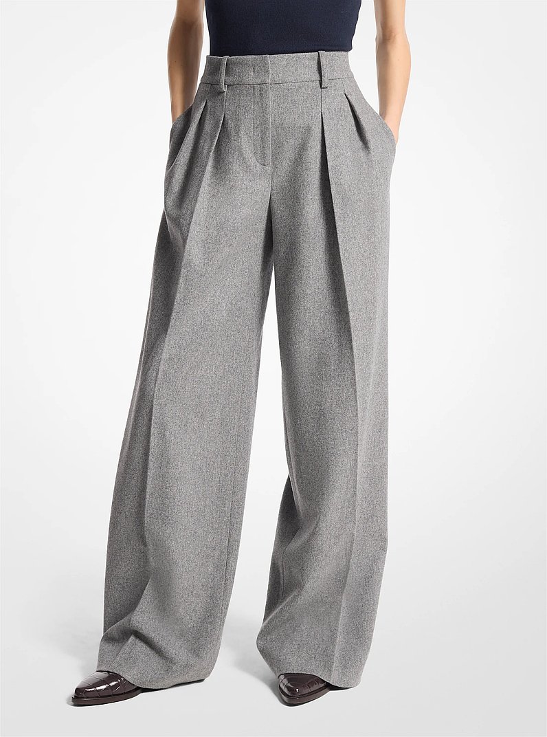 Wool Flannel Pleated Wide-Leg Trousers in BANKER GREY | Michael Kors
