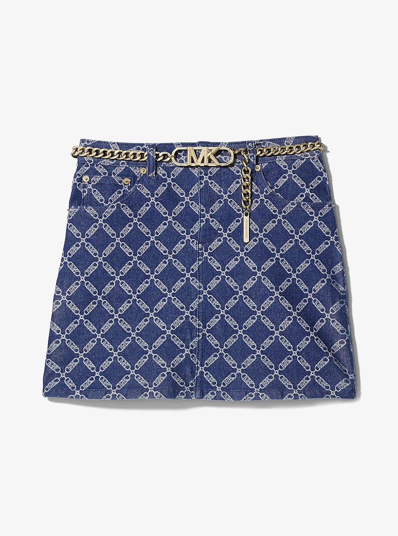 Empire Logo Denim Belted Mini Skirt in RINSE | Michael Kors