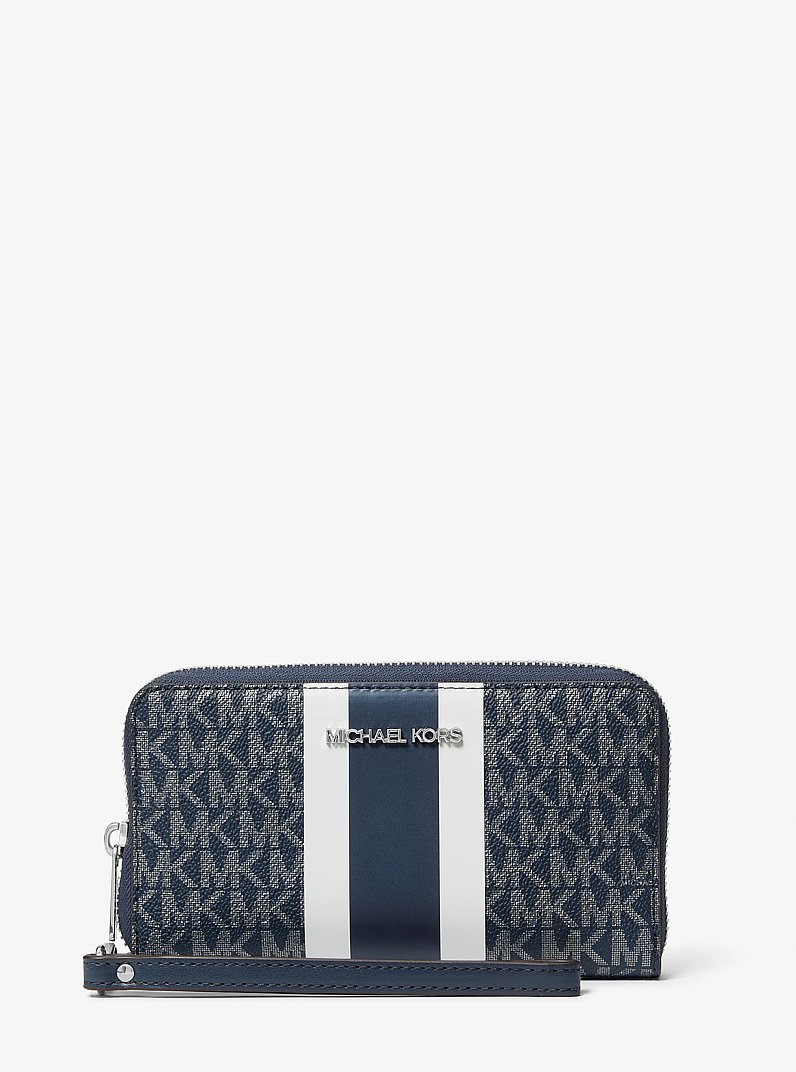 Jet Set Large Metallic Signature Logo Stripe Smartphone Wallet in AZUL MARINO | Michael Kors