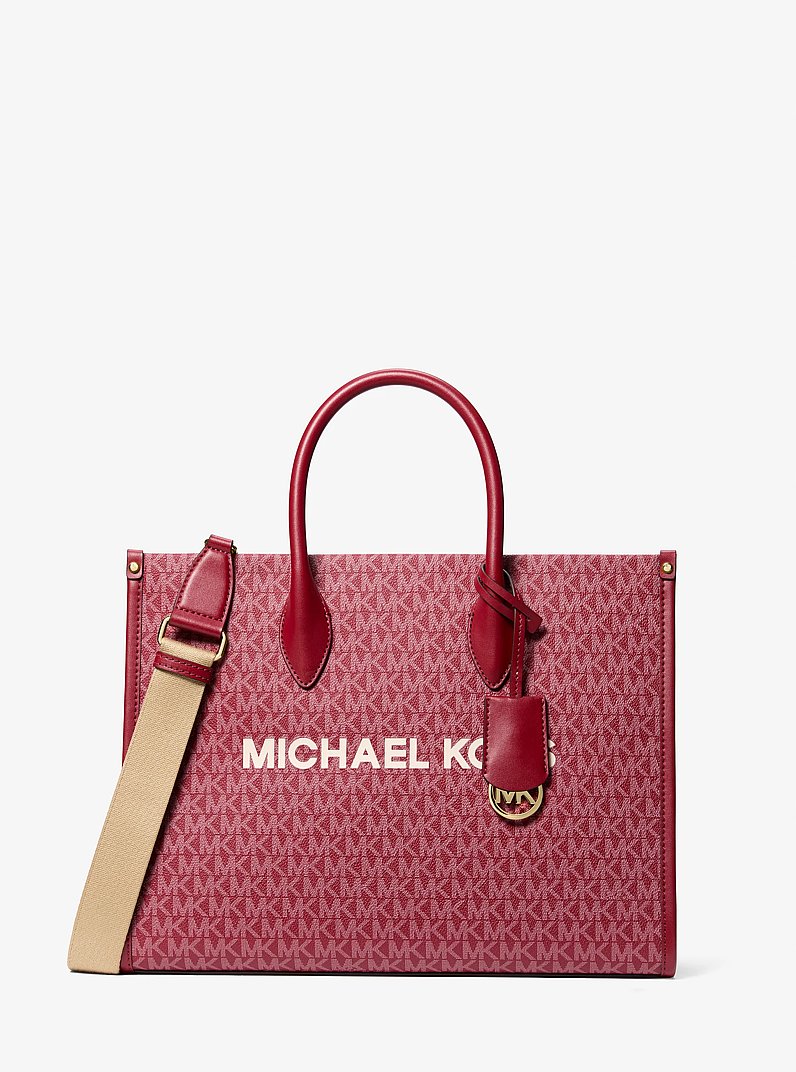 Mirella Medium Metallic Signature Logo Tote Bag in CHERRY | Michael Kors