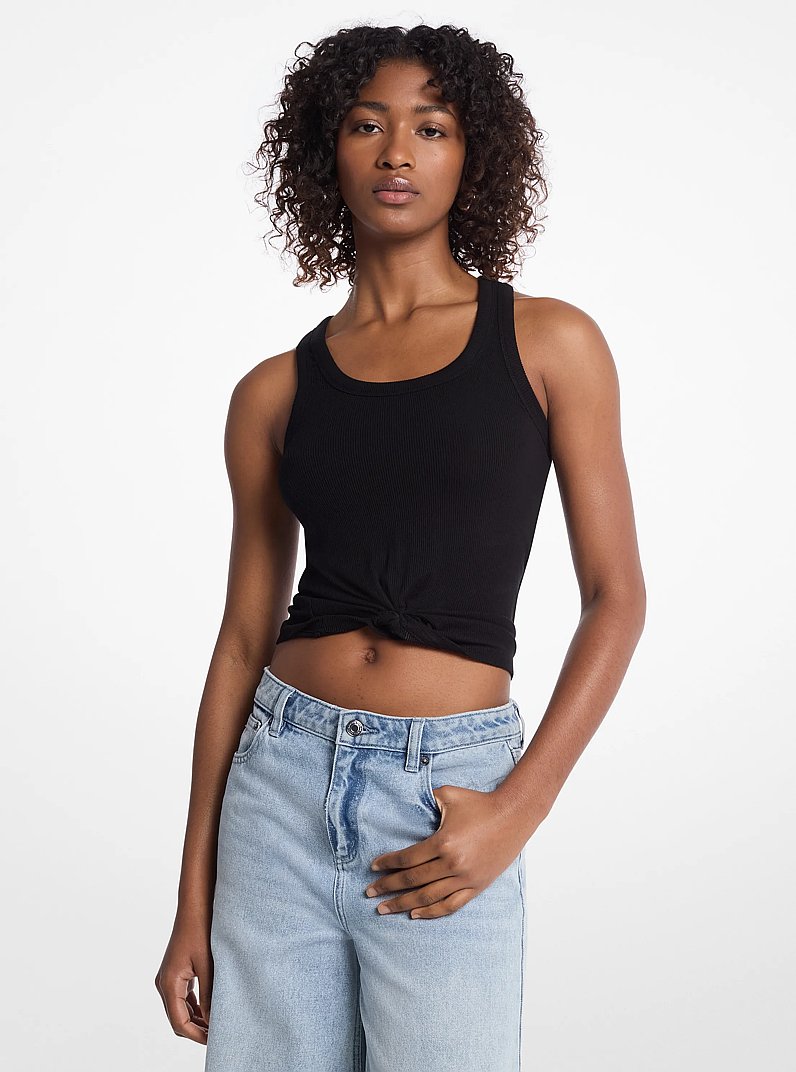 Tie-Front Ribbed Stretch Knit Tank Top in BLACK | Michael Kors