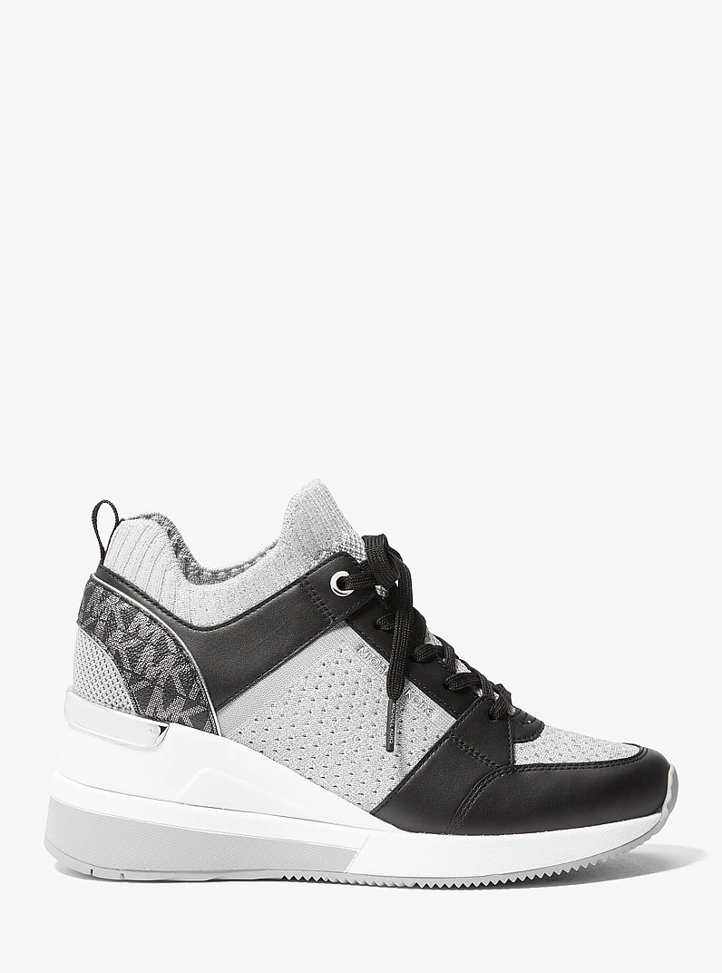 Georgie Stretch Knit and Leather Trainer in BLACK/SILVER | Michael Kors