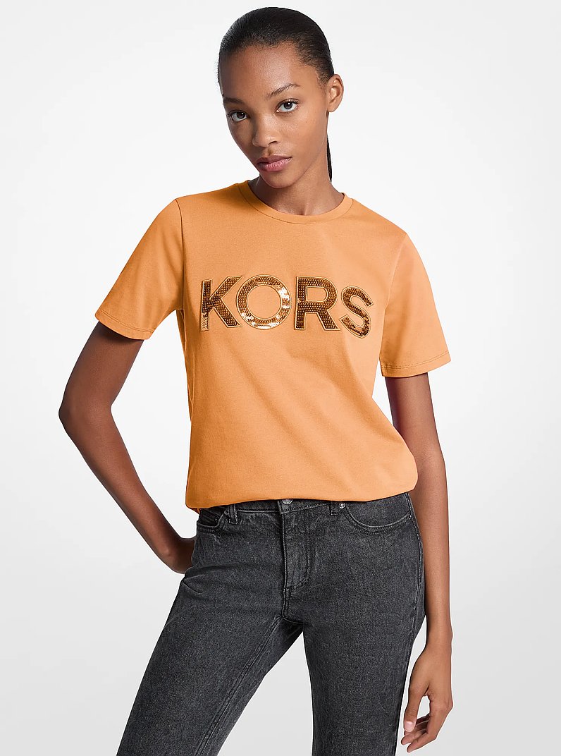 Sequined Logo Cotton T-Shirt in RADIANT ORANGE | Michael Kors