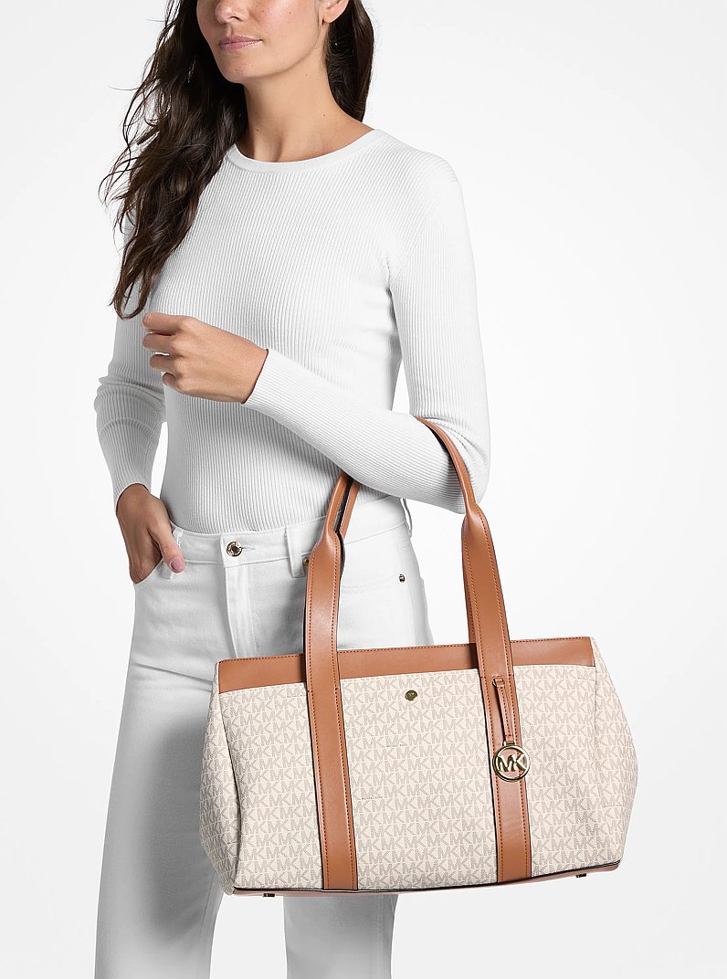 Foster Large Signature Logo Tote Bag in VANILLA/ACORN | Michael Kors