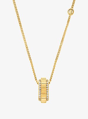 Halsketting van messing met ring met siersteentjes, goudkleurig