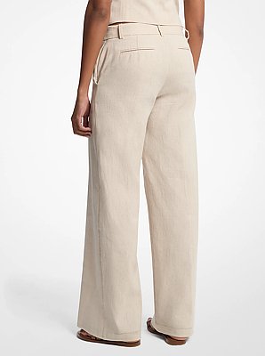Pantalon &agrave; jambe large en serg&eacute; de coton et de lin