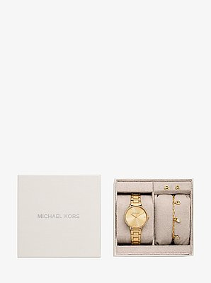 Coffret cadeau mini montre Pyper &agrave; pierres pav&eacute;es et bijoux dor&eacute;s