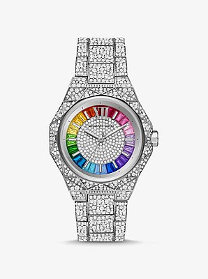 PRIDE Limited-Edition Oversized Raquel Rainbow Pav&eacute; Silver-Tone Watch