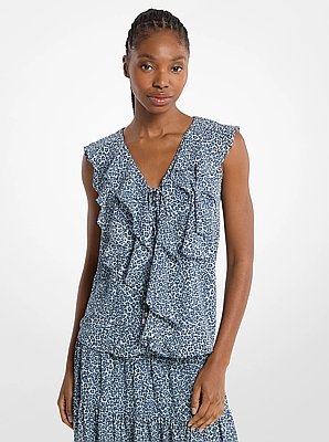 Blouse en cr&ecirc;pe georgette &agrave; volants et &agrave; imprim&eacute; l&eacute;opard