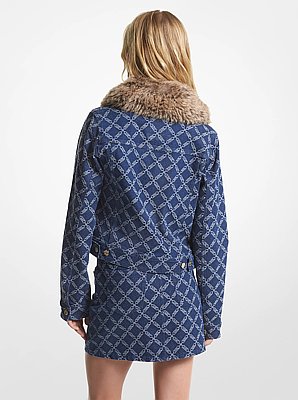 Faux Fur Trim Empire Logo Jacquard Denim Utility Jacket