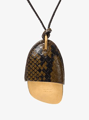 Brushed Brass and Snake Embossed Leather Wrapped Pendant Necklace