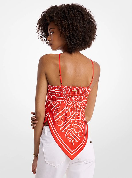 Newspaper-Print Satin Halter Scarf Top