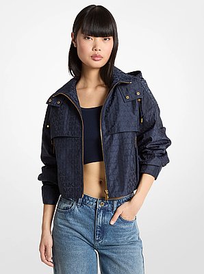 Giacca cropped con cappuccio e logo jacquard