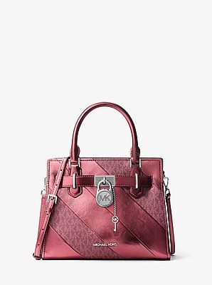 Bolso satchel Landon peque&ntilde;o con acabado metalizado y logotipo exclusivo