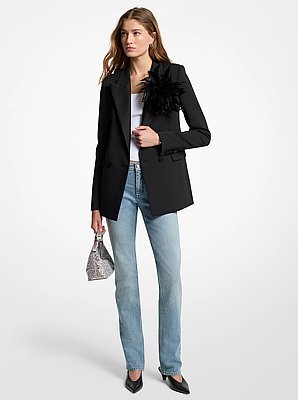 Feather Embellished Stretch Crepe Blazer