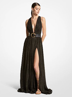 Vestido de noche Hutton de chif&oacute;n con lam&eacute; metalizado a rayas