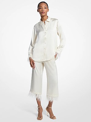 Pantalon de pyjama en satin &agrave; garniture de plumes