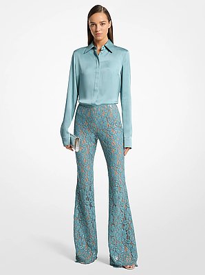 Pantal&oacute;n acampanado de encaje floral con lentejuelas bordadas a mano