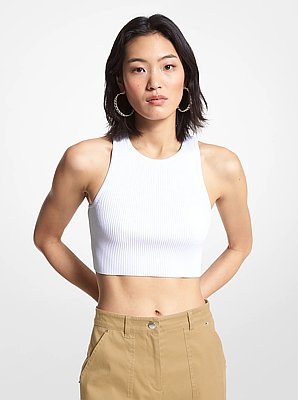 Ribbed Recycled Viscose Blend Cropped Tank Top in WHITE | Michael Kors image number 0
