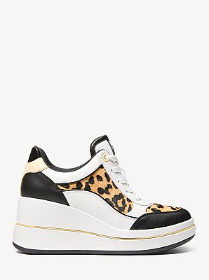 Emmy Leather and Leopard Print Calf Hair Wedge Trainer