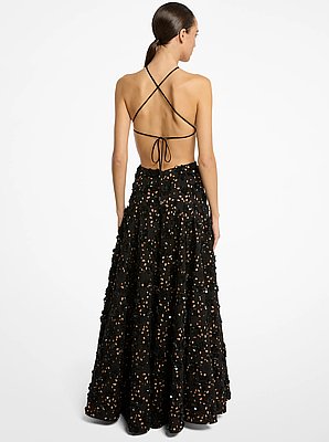 Hand-Beaded Floral Cotton Eyelet Cutout Halter Gown