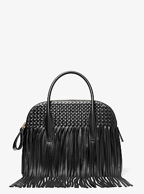 Kaitlin Large Fringed Woven Leather Dome Satchel