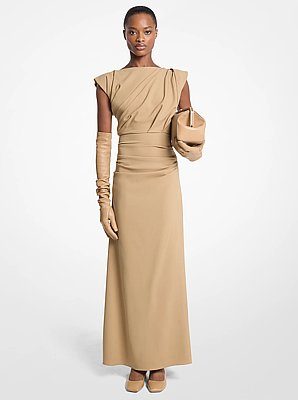 Stretch Wool Crepe Draped Column Gown