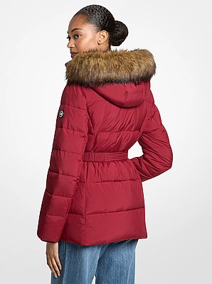 Faux Fur Trim Belted Puffer Jacket