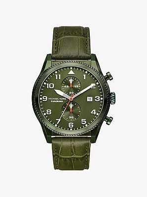 Oversized Panorama Olive-Tone and Crocodile Embossed Leather Watch