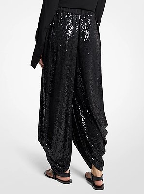 Hand-Embellished Sequin Georgette Jersey Draped Pants