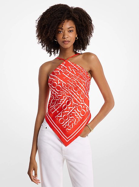 Newspaper-Print Satin Halter Scarf Top