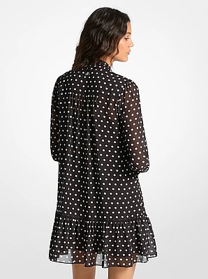 Polka Dot Print Georgette Tie-Neck Dress