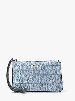 Jet Set Travel Small Signature Logo Print Denim Wristlet