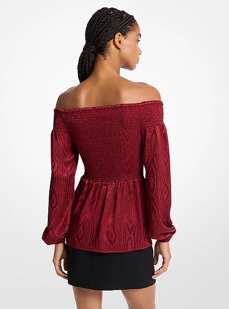 Smocked Moir&eacute; Jacquard Off-The-Shoulder Top