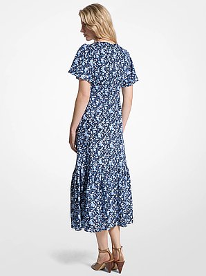 Robe mi-longue en m&eacute;lange de viscose et soie &agrave; imprim&eacute; floral