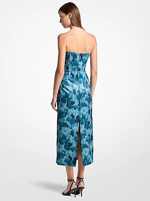 Floral Chin&eacute; Satin Duchesse Bustier Strapless Sheath Dress