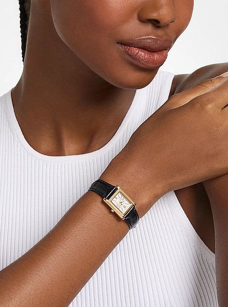 Reloj Essex peque&ntilde;o en tono dorado con correa de piel dise&ntilde;o de cocodrilo en relieve