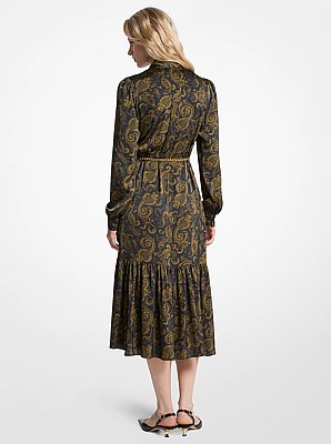 Paisley Print Satin Tie-Neck Midi Dress