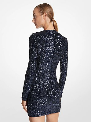 Sequined Stretch Tulle Long-Sleeve Dress