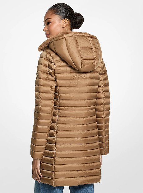 Packable Faux Fur Trim Quilted Nylon Puffer Coat