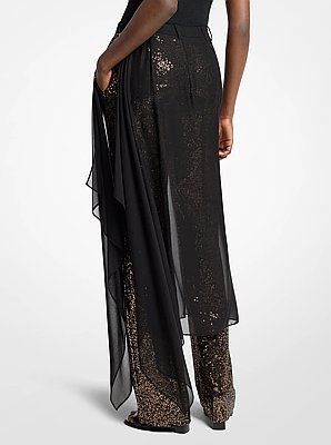 Embellished Tissue Wool Crepe and Silk Voile Veiled Trousers