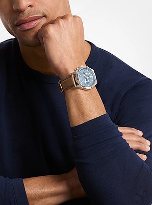 Oversized Lexington Silver-Tone and Leather Watch