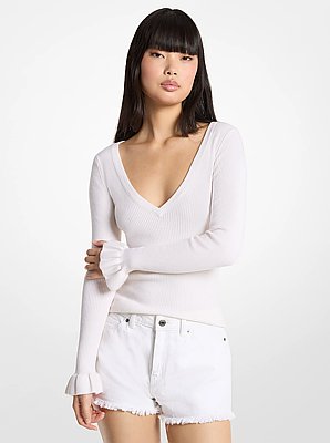 Ribbed Wool Blend V-Neck Sweater