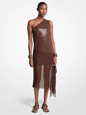 Vestido con velo de crep&eacute; de lana el&aacute;stico con lentejuelas adornadas a mano