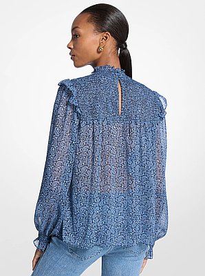 Blusa fruncida de georgette con estampado de cachemir metalizado