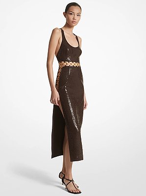 Hand-Embroidered Sequin Double Crepe Sabl&eacute; Ring Dress