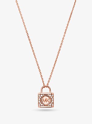 Precious Metal-Plated Sterling Silver Pav&eacute; Lock Necklace