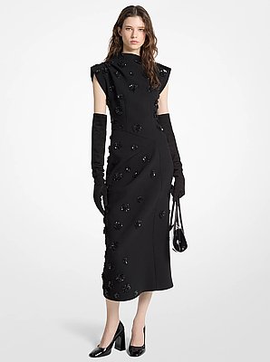 Hand-Embroidered Floral Stretch Boucl&eacute; Crepe Sheath Dress